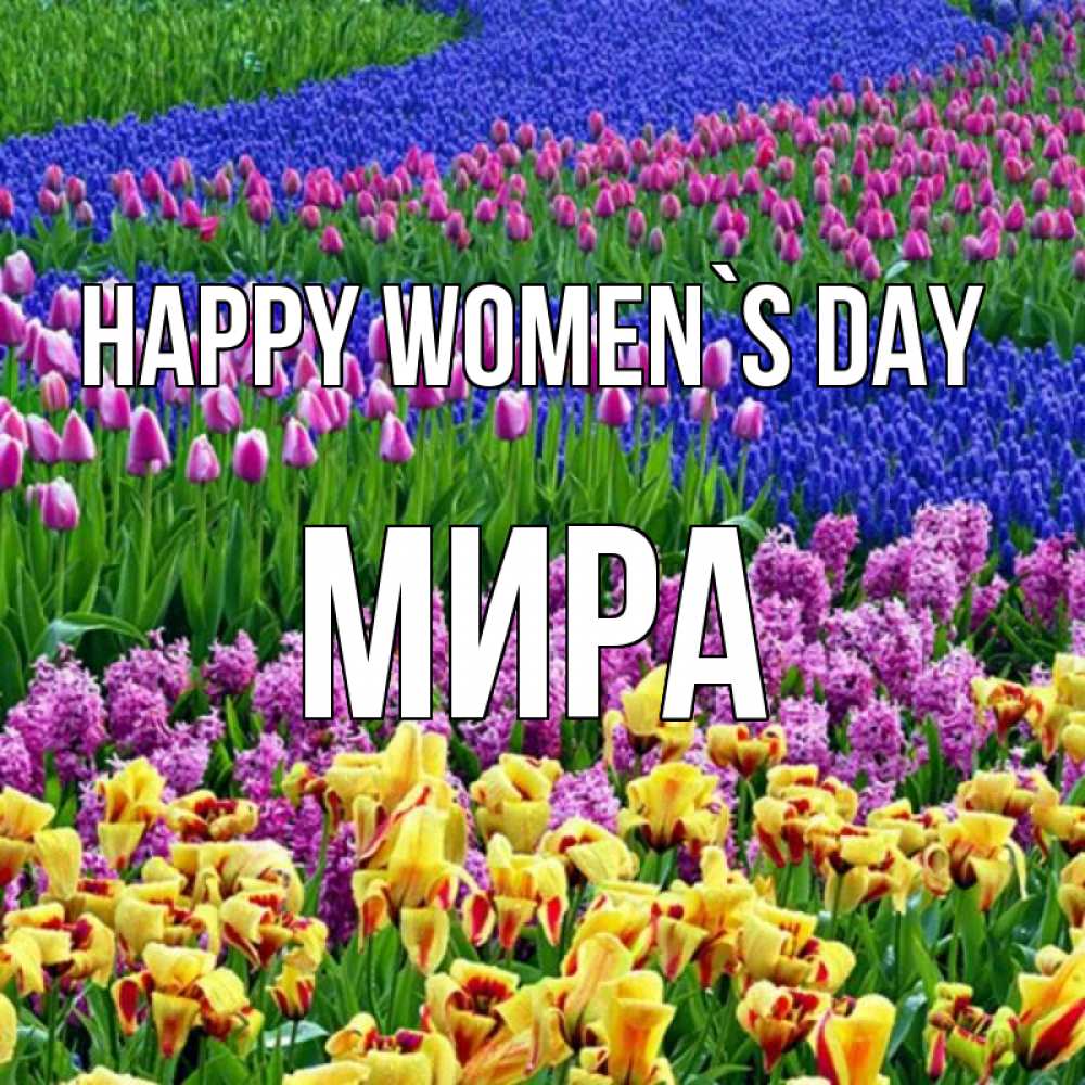 Greetings card с именем, МИРА happy women`s day цветы Greetings with text for free download 